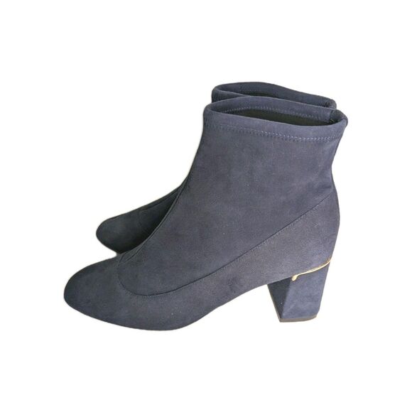 Cole Haan Laree Stretch Bootie Size 7 Navy Blue Suede Block Heel Logo Gold Trim - Picture 7 of 10